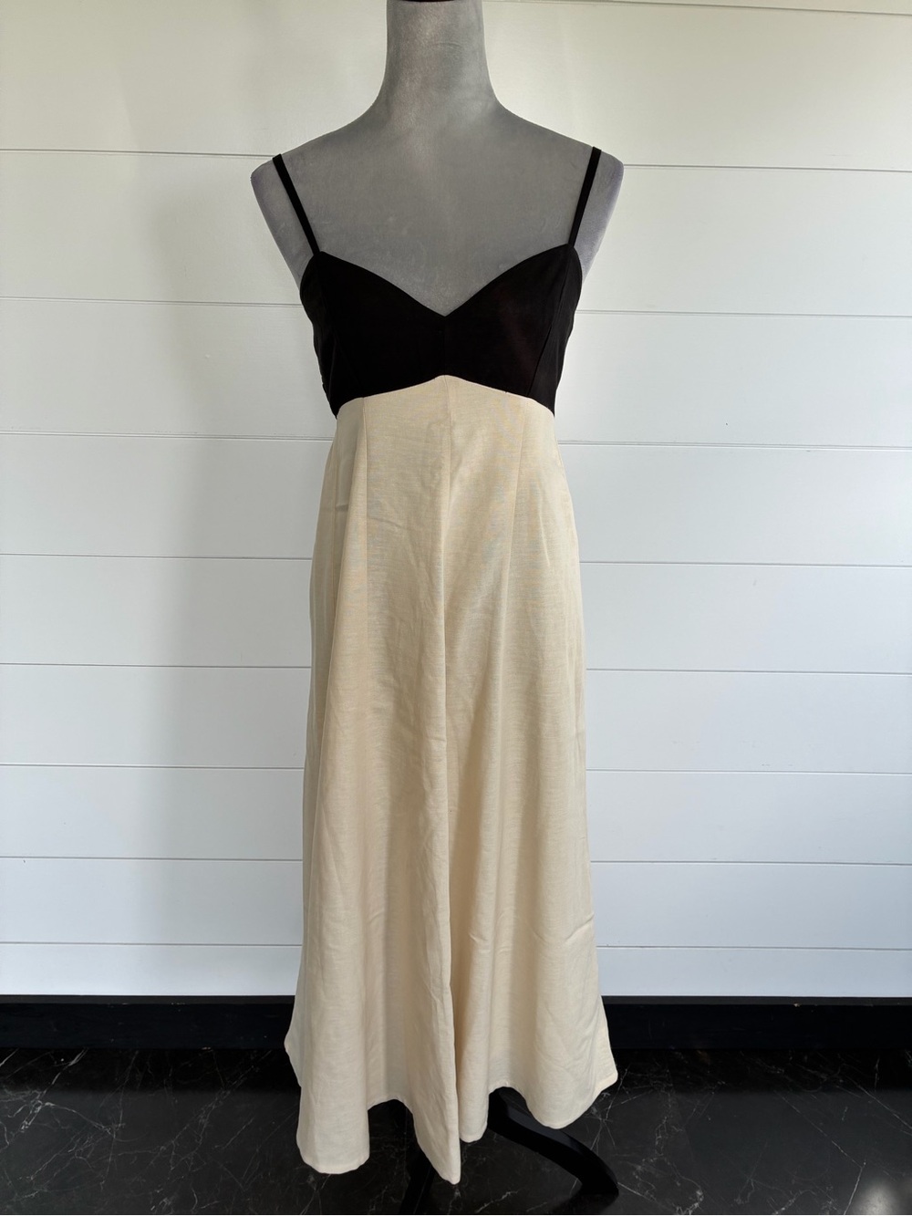 Japna Womens Black Cream Colorblock Linen Blend Smocked Dress SZ S NWOT/0376